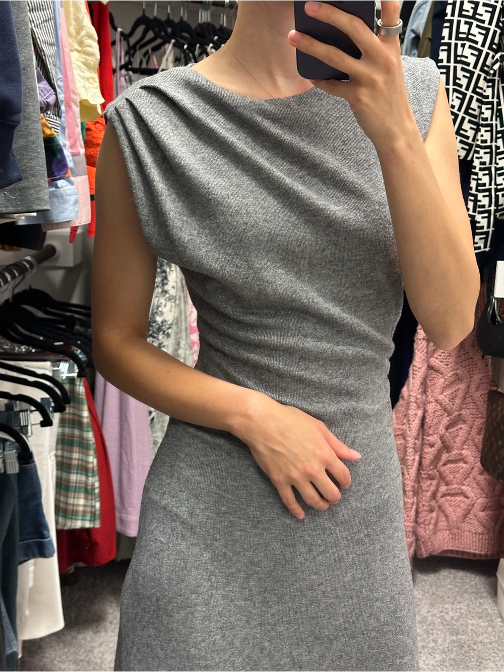 Mango One-Shoulder Grey Knit Dress